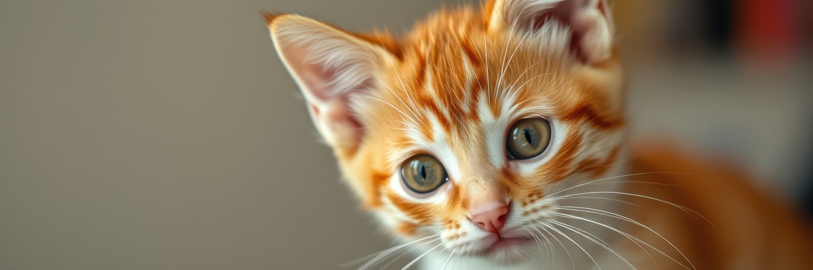 Cute orange tabby kitten with bright eyes exploring a cozy indoor space during afternoon light